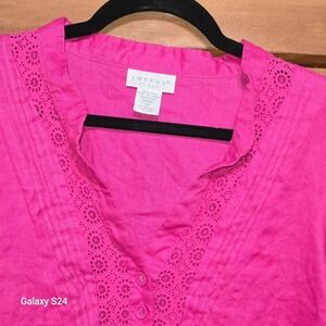 Tweeds Woman 100% Linen Fuchsia Pink Eyelet Lace Pintuck Tunic Blouse 2X
